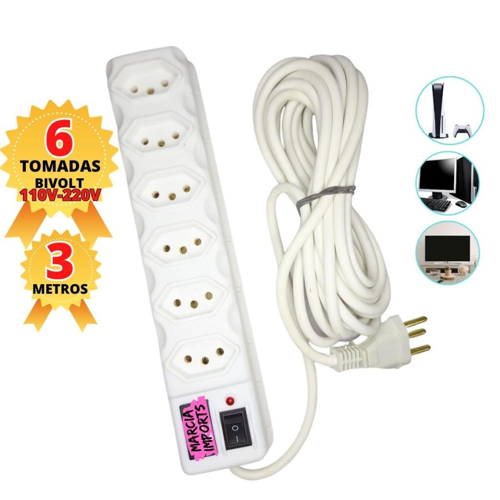 Filtro de Linha 3 Metros de Cabo Branco Varios Tamanhos Regua Eletrica Bivolt Tripolar 10A Pronta Entrega