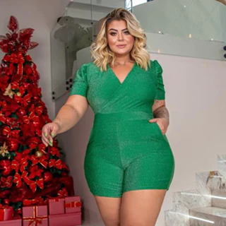 Macaquinho Feminino Plus Size Veste 46 ao 50 Lurex Transpassado Brilho Curve Fim de Ano Natal Ano Novo Vestido Elegante