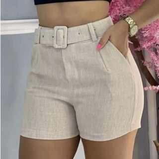 Short Feminino Linho Com Bolso e Cinto