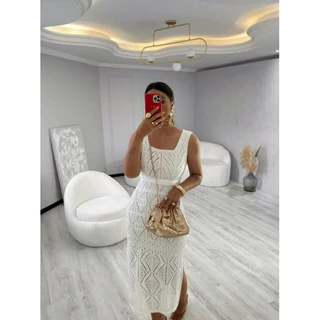 Vestido midi rendado Tricot com fenda fim de ano natal festa