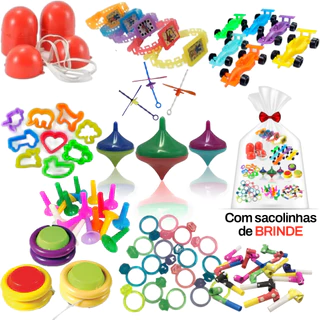Kit Lembrancinha 100 Mini Brinquedos Sacolinha Surpresa Aniversário Antigos Dia das Criança Infantil