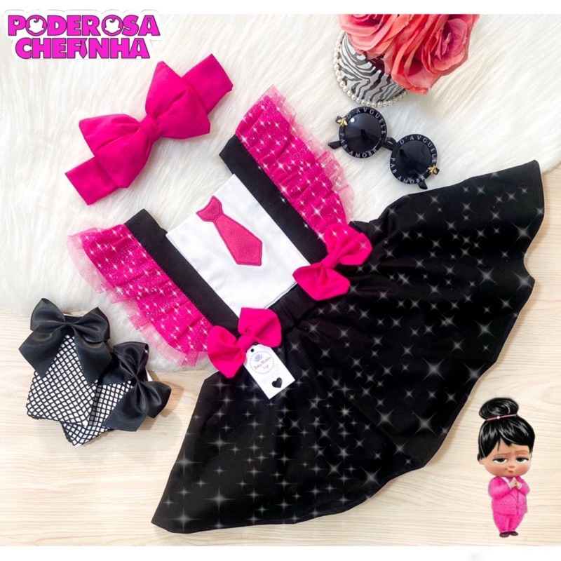 Romper Poderosa Chefinha Body Baby Salopete Fantasia Vestido Jardineira Infantil Bebê Menina Pink Rosa Preto