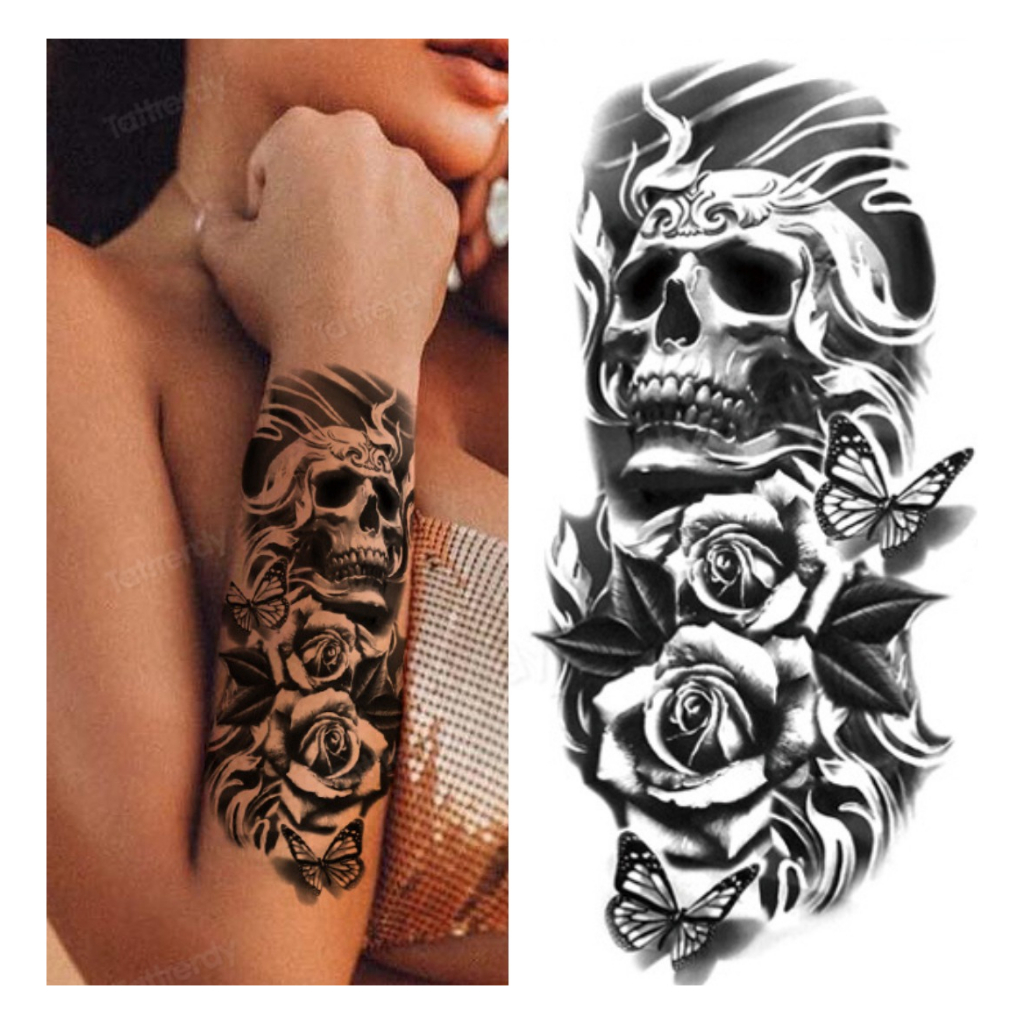 Tatuagem Falsa Temporaria Realista - Caveira Com Flores | Shopee Brasil