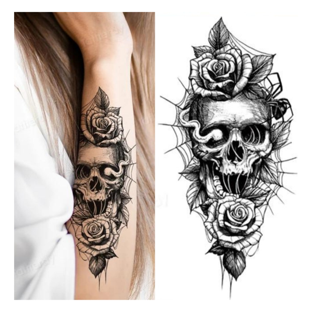 Tatuagem Falsa Temporaria Realista - Caveira Com Rosas