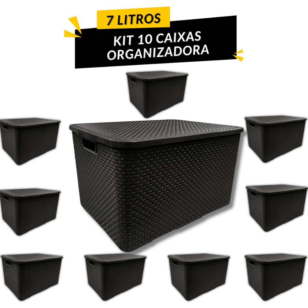 Kit Com Cesto Caixa Organizadora Litros Rattan Com Tampa Preto