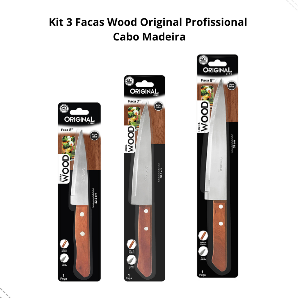 Kit 3 Facas Wood Original Profissional Cabo Madeira