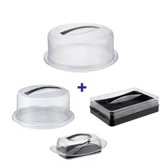 Kit conjunto Cozinha Café da Manhã Boleira Porta Bolo Queijeira Porta Queijo Redondo Pote com Tampa Porta Frios 2 Divisórias Manteigueira com Espátula em Acrílico