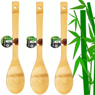 Kit 3 Colheres Bambu Cozinhar Madeira Media Comida 30cm Cozinha Chique Gourmet