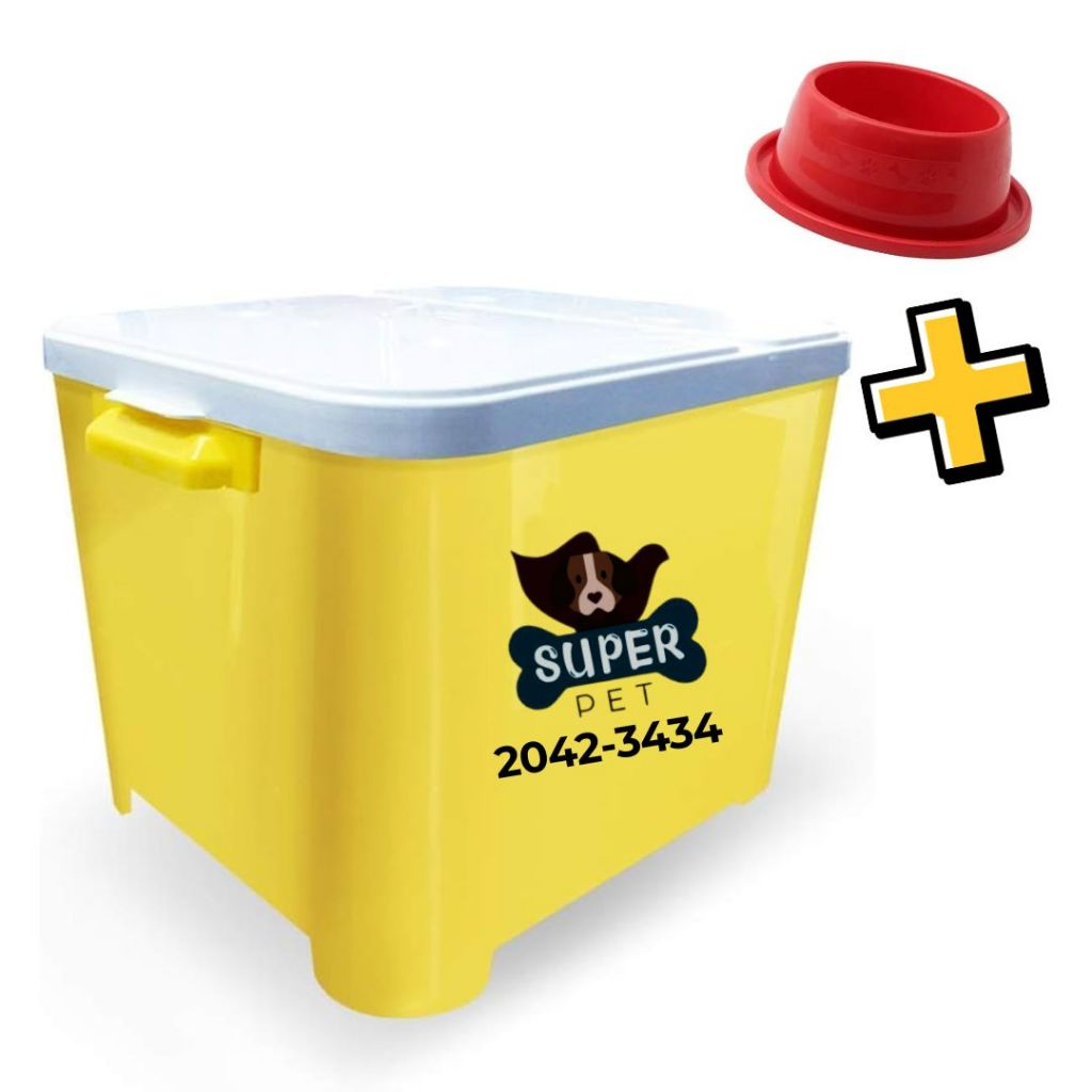 Porta Ração Pet 15kg Container Protege E Conserva Com Tampa Cor AMARELO +1 comedouro