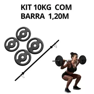 Kit Agachamento e Musculação - Barra de 1,20m, 10Kg de Anilhas Pintadas e Presilhas de Aço