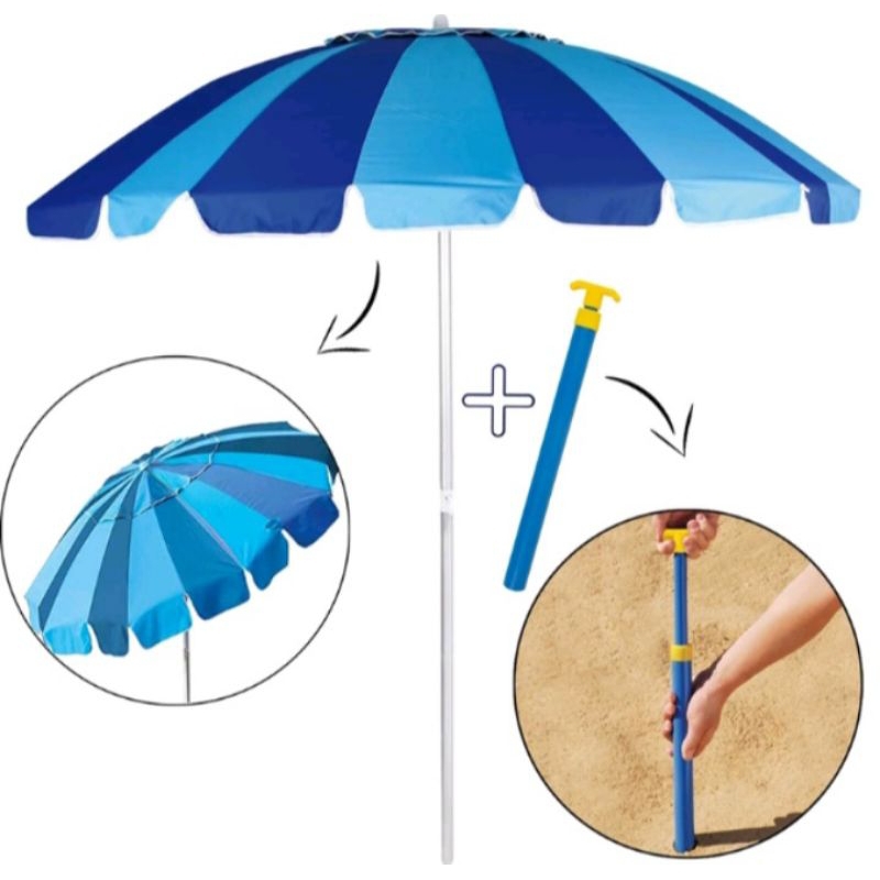 Kit Guarda Sol Sky 2,20m Poliéster Alumínio Grande Azul Saca Areia Pressão - Mor.