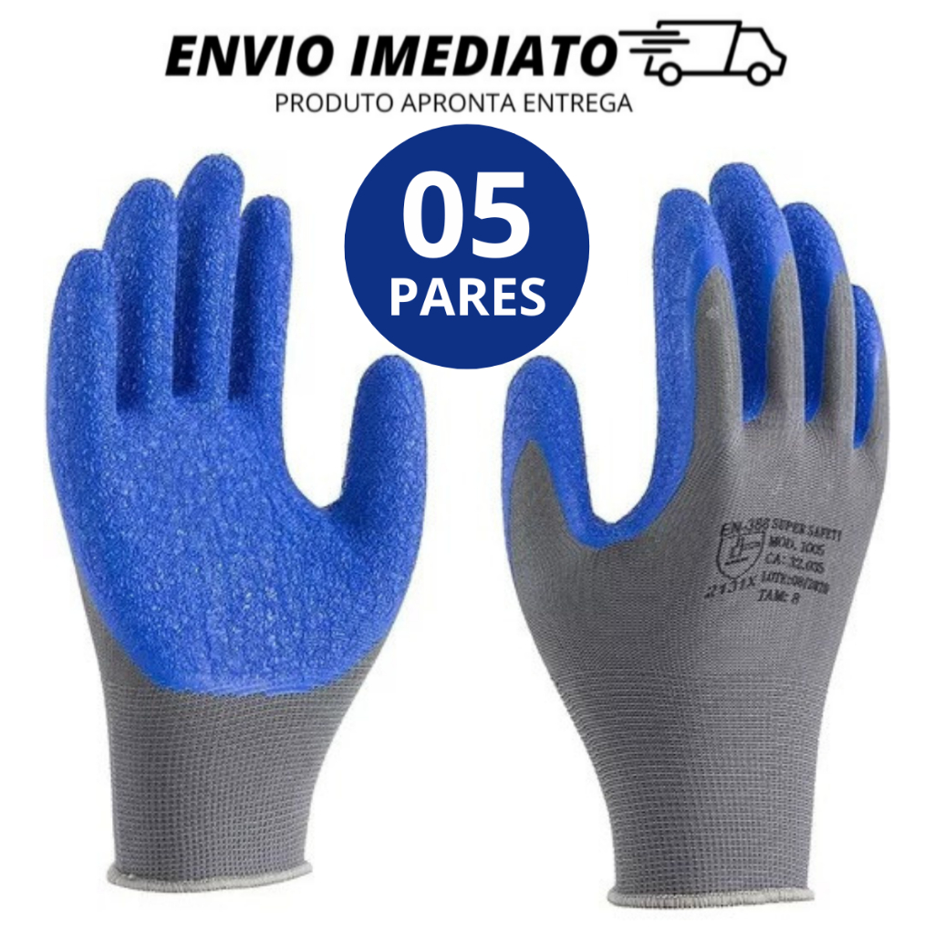 Kit 05 Pares De Luva SS 1005 Banho em Látex Corrugado Epi Pedreiro Armador Jardineiro Roçador SS1005 - SUPER SAFETY CA 32035