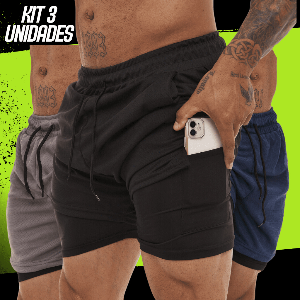 Kit 3 Bermudas - 2 Em 1 Short Duplo Esportivo Academia Run