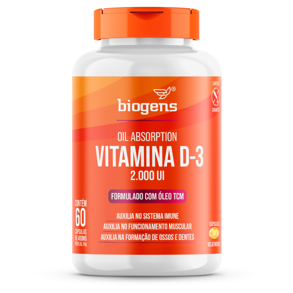 Frasco de Vitamina D3 Biogens 2.000 UI com 60 cápsulas gelatinosas.