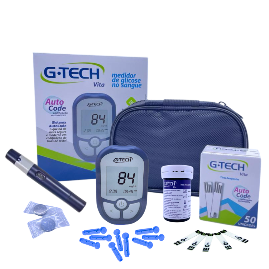 Kit Medidor de Glicose + 110 Tiras de Glicemia Aparelho Para Medir Glicose G Tech Vita + 10 Lancetas Glicose + Caneta Lancetadora G-Tech Glicosimetro