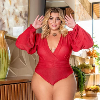 Body Feminino Lurex Manga Bufante PLUSSIZE Manga Bufante Bore Com Brilho Transpassado Decote V Curve