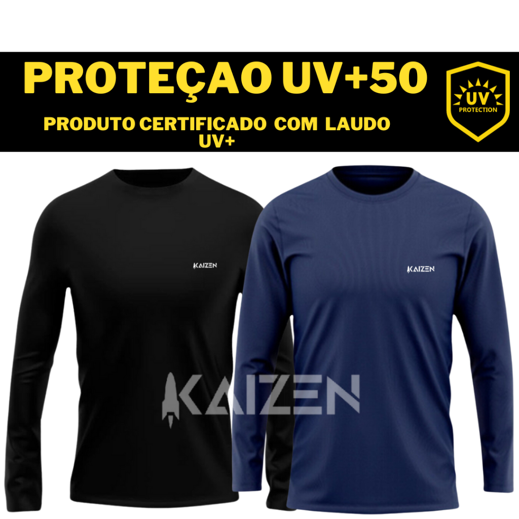 Kit 3 Camiseta Camisa Térmica Segunda Pele Manga Longa Proteção Solar UV  50+ Termica Masculina - Preto+Azul