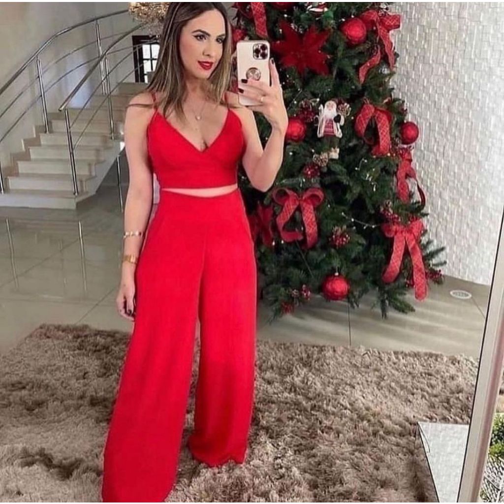 Conjunto Vermelho Calça Pantalona Look Natal Top Amarração Cropped com Bojo Look Festa Final de Ano