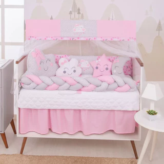 Kit Protetor Berço 12 Peças Menina Nuvem Lua Rosa Tranca
