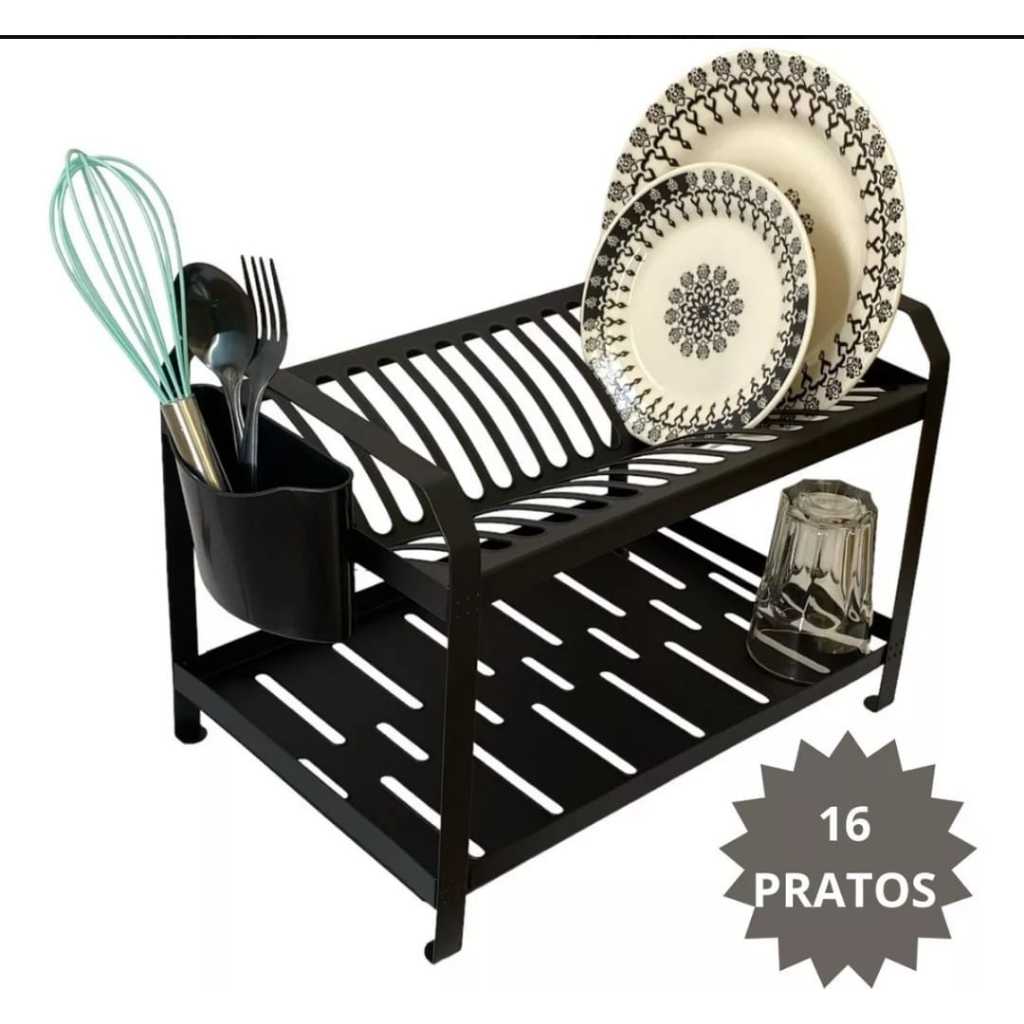 ESCORREDOR DE LOUÇAS DE 16 PRATOS PRETO COM PINTURA EPOXI