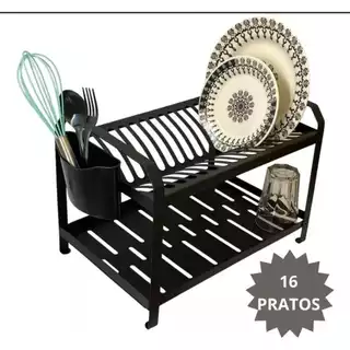 ESCORREDOR DE LOUÇAS DE 16 PRATOS PRETO COM PINTURA EPOXI