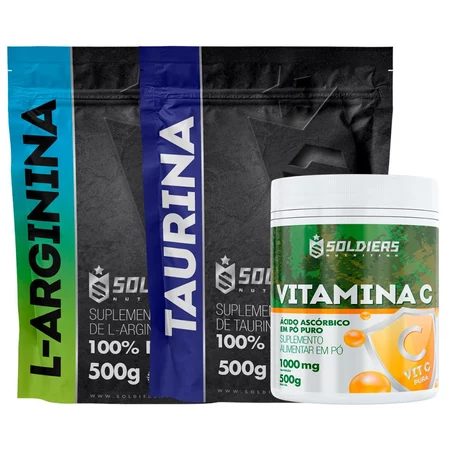 Kit Arginina 500g Taurina 500g Vitamina C 500g Soldiers Nutrition Aminoácido Recuperação