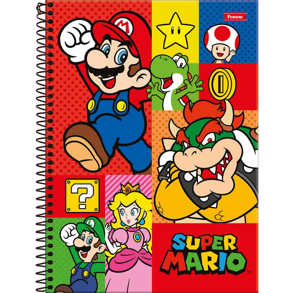 Caderno Universitário Capa Dura Super Mario Bross 1 Matéria Com 80 Folhas