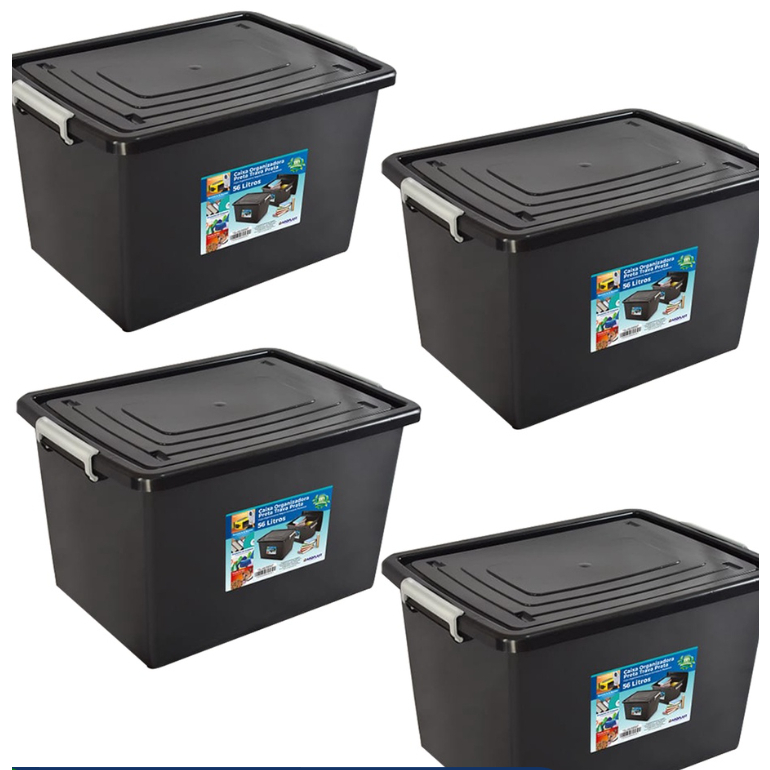Kit 4 Caixas Organizadoras C/ Tampa e Trava 56 Litros Preta