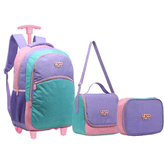 Kit Mochila Feminina De Rodinha Juvenil Escolar Colorida KIT8146