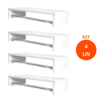 Kit Organizador de Roupas 4 Cabideiros Parede Arara Suspensa Em MDF Branco Prateleira Aço Lavanderia Quarto 60 cm