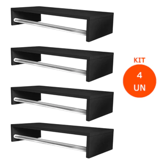 Kit Organizador de Roupas 4 Cabideiros Parede Arara Suspensa Em MDF Preto Prateleira Aço Lavanderia Quarto 60 cm