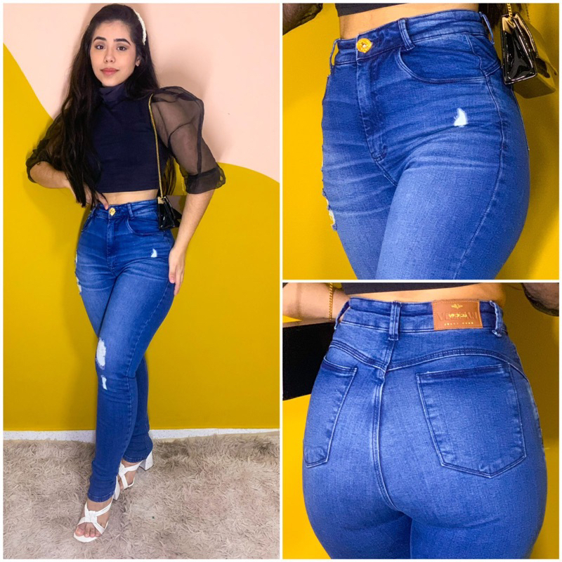 Calça colada boca de hot sale sino