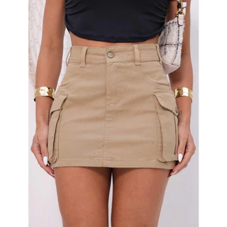Saia Cargo Jeans Sarja Jeans Premium Bege Com Lycra Simples Bolso Moda Bloqueira Tendencia