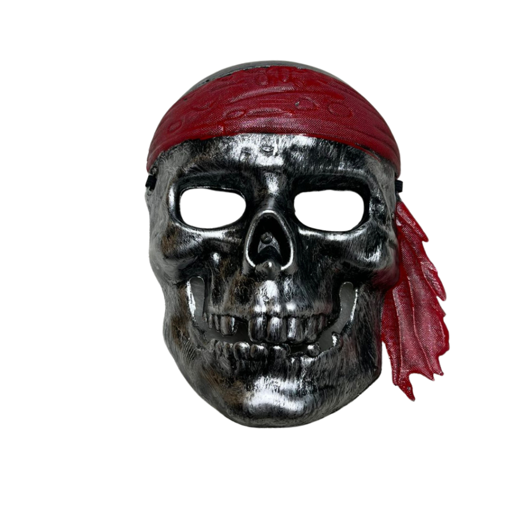 Máscara Caveira Prata com Bandana Pirata Halloween Carnaval Fantasia Adereço