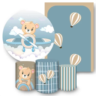 Kit 5 Peças Capa Painel Redondo + Capa Retangular + Trio Cilindros para Festa Tema Ursinhos
