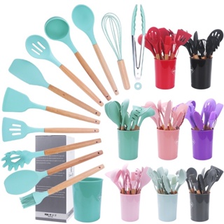 Jogo Kit C/12 Peças Utensílios De Cozinha Colheres Espatula Silicone Cabo Madeira Decoração