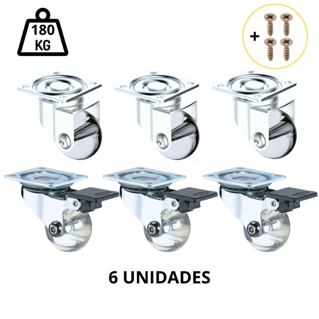 Kit 6 Rodinha Rodízio Gel Giratório 35mm Com e Sem Trava