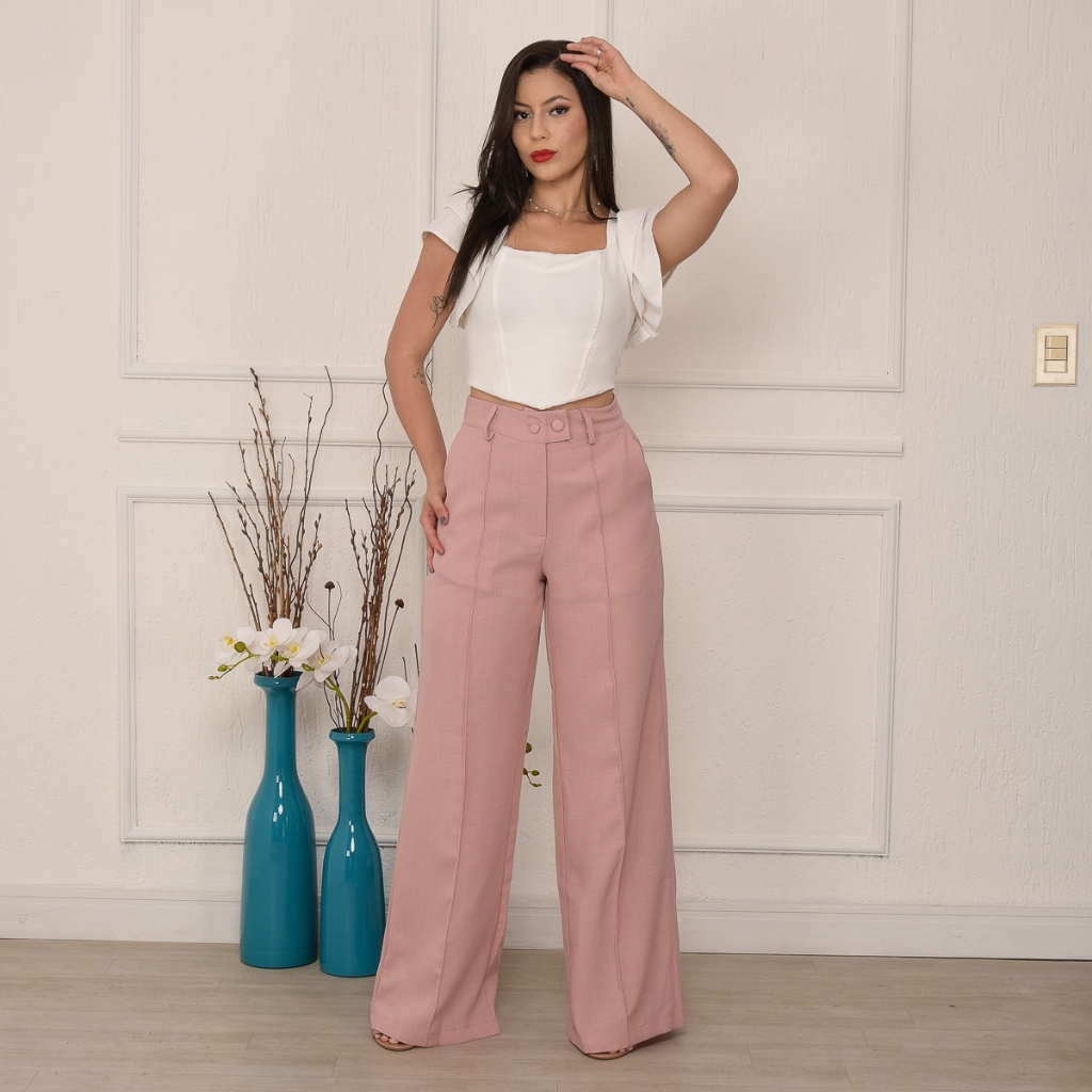 Calça Pantalona Em Linho WIDELEG Pregas E Bolsos Calça pantalona com zíper  e botão tecido Duna super confortável ALTA BÁSICA COMFY Com FRISOS  casuais/duna/elástico/verão/elegante/na  moda/feminino/look/light/confortável/2023