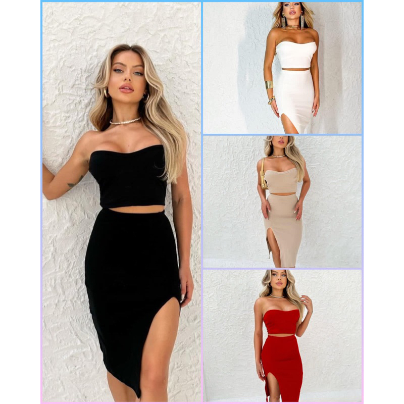 Conjunto de top e saia Caribbean.