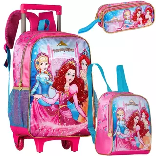 Kit Mochila Infantil Rodinha Feminina Escolar Princesas + Lancheira térmica + Estojo duplo