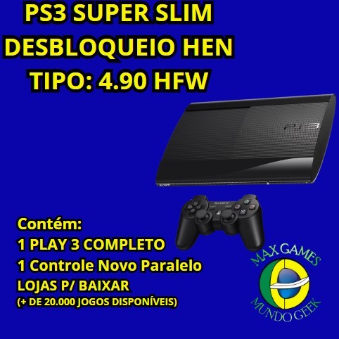 PS3 PLAYSTATION SUPER SLIM 500 GB *H.E.N*. COM 1 CONTROLE ENVIO FILMADO E FOTOGRAFADO SONY