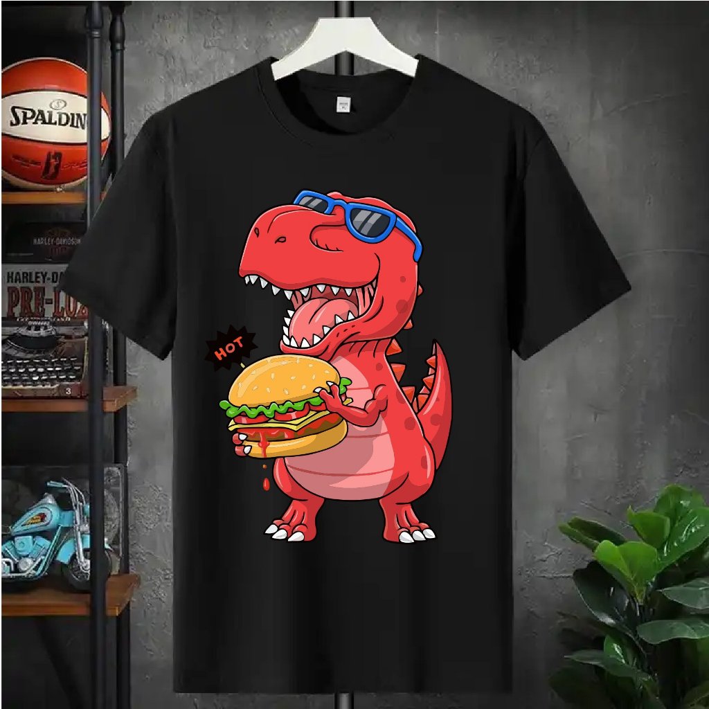 Camiseta Masculina Streetwear Algodão Premium Adulto infantil Plus Size Dinossauro Hamburguer