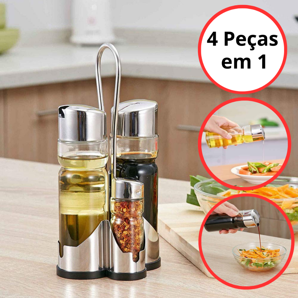 Kit Galheteiro 4 Peças Sal Pimenta Porta Azeite Vinagre Condimentos Tempero Premium