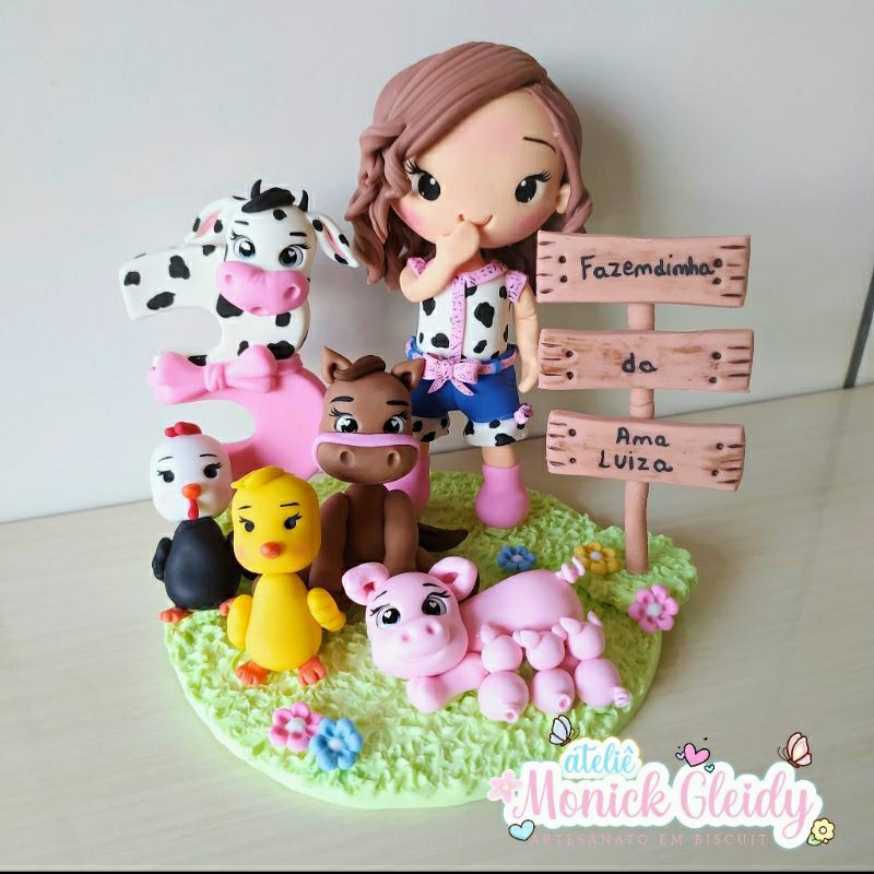 Topo/Vela Personalizado Fazendinha Rosa