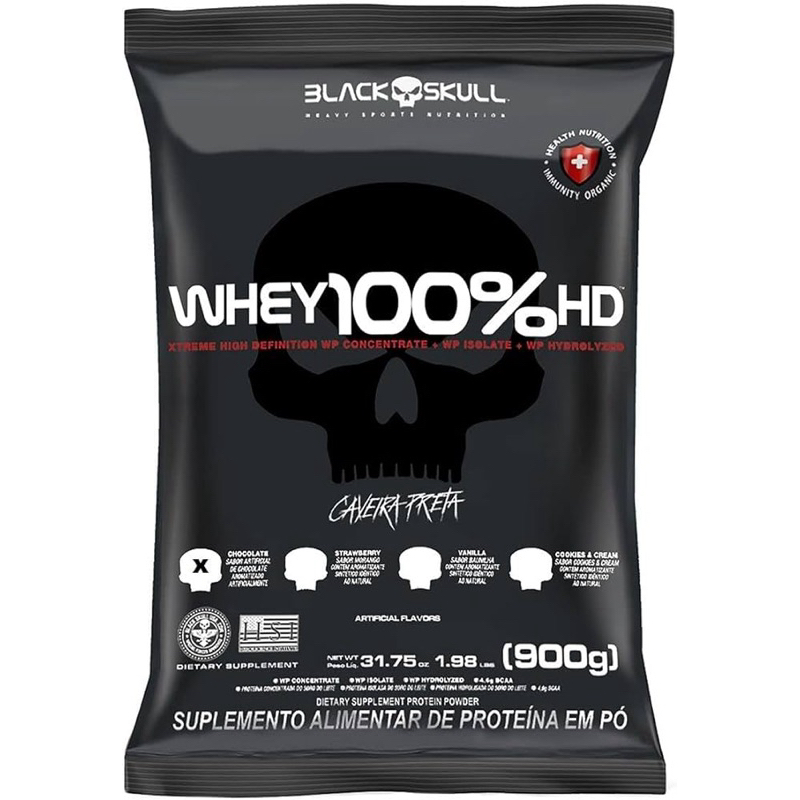 Suplemento em pó Black Skull Whey 100% HD proteína Whey 100% HD sabor morango em sachê de 900g