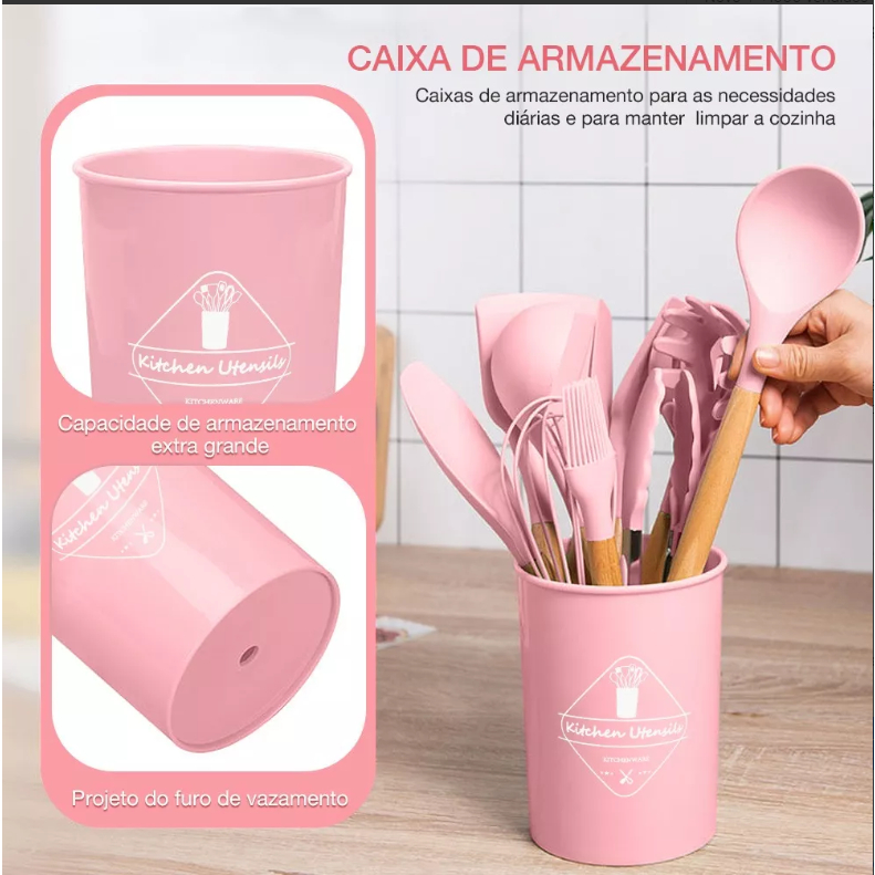 Kit 12 Utensílios De Cozinha Em Silicone E Cabo De Madeira