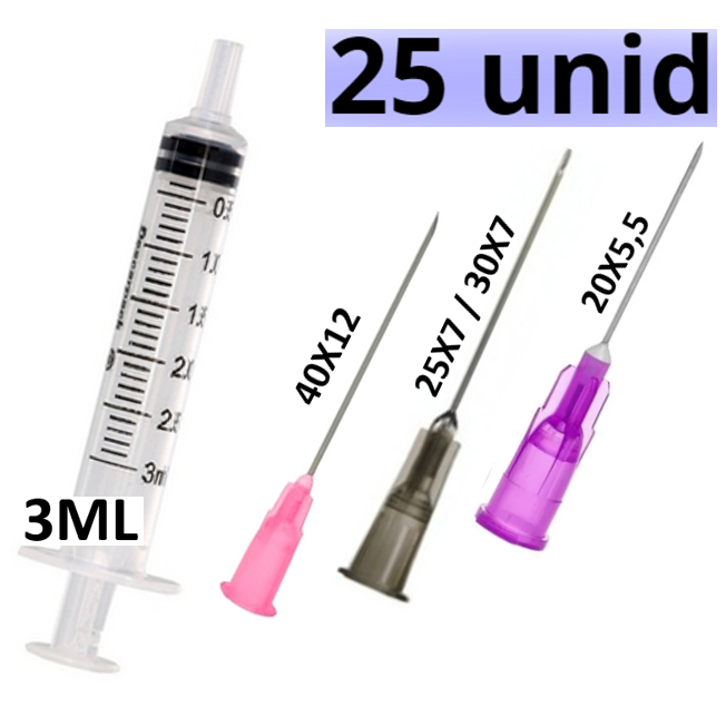 25 Unid. Seringa 3ml Bico Liso + Agulha 25x7/30x7/20x5,5/40x12 ...