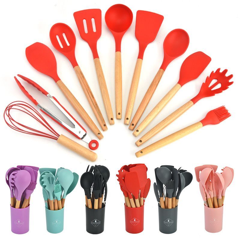 Kit 12 Conjunto Utensílios Silicone De Cozinha Jogo Colher escumadeira concha escumadeiras fouet espatula de cozinha pegador de macarrao