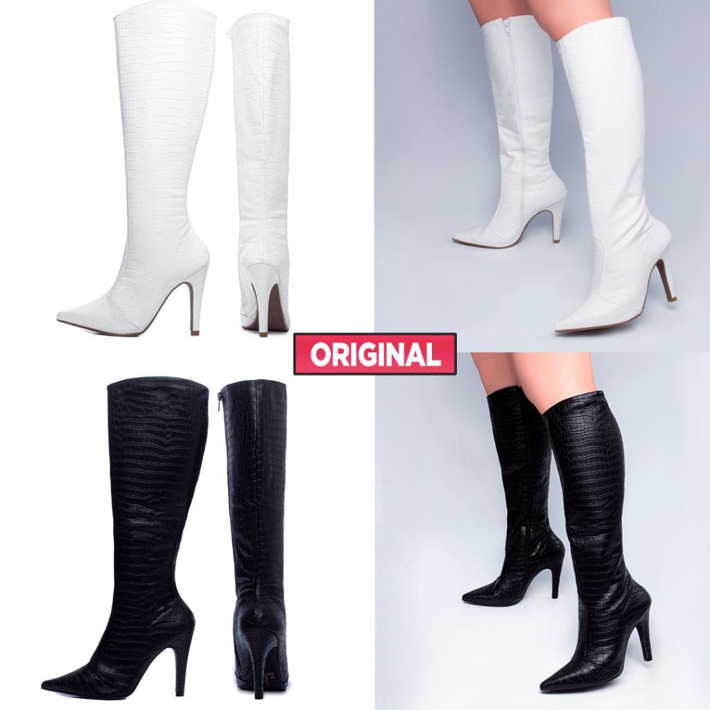 Bota Branca Feminina da Moda Cano Longo Salto Alto 10cm Bico Fino Bota Preta Croco Presente Festa Aniversário Cano Alto