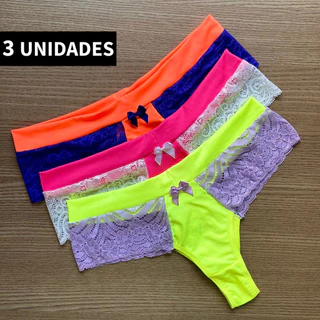 Kit 3 Calcinha Bicolor de Microfibra com Renda Kit Calcinha Conforto Lingerie Feminina de Luxo